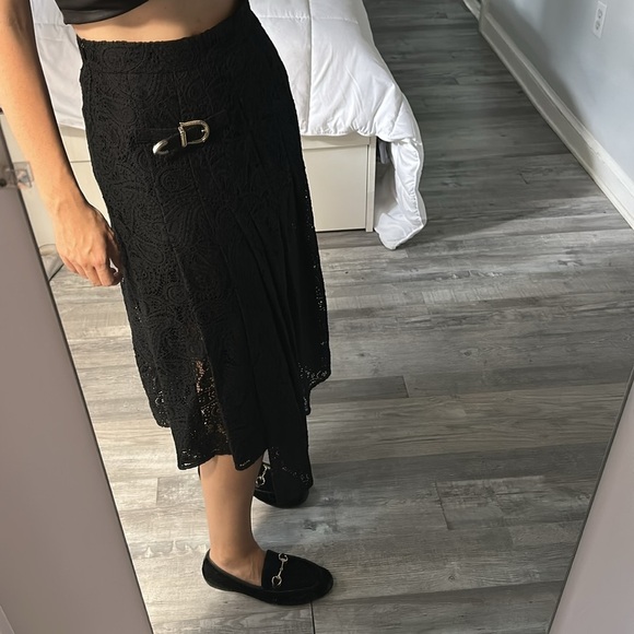 Maje Jalilo Skirt Buckled Asymmetric Hem Pleated Guipure Lace Midi Black Size 40 - Picture 11 of 12